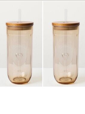 **Set of 2** 21oz Fluted Rounded Glass Tumbler Wooden Lid Hearth & Hand Magnolia